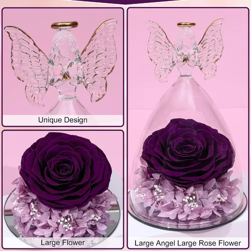 Vista 2 de Regalo de rosa para el día de la madre, rosa real preservada en figura de ángel de cristal grande, regalos de rosas para mujeres, regalo de flores