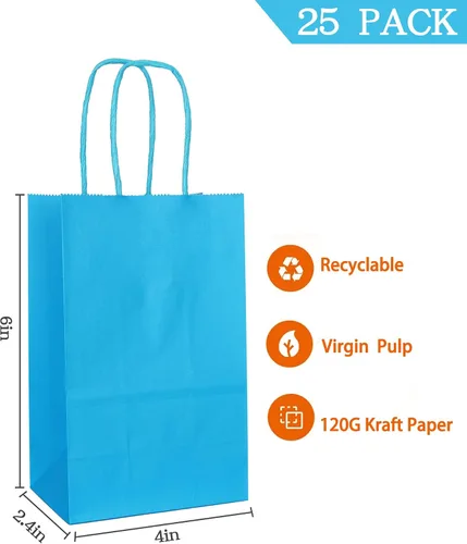 Vista 2 de AZOWA Bolsas de regalo mini de papel kraft con asas (Azul claro, 4x2.4x6, 25 piezas) Blue Color, Kraft Paper, Mini Size, 25 Pieces, Party Bags