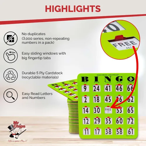 Vista 3 de MR CHIPS Tarjetas de bingo a prueba de atascos con ventanas deslizantes, 50 tarjetas obturadoras reutilizables, 75 llamadas, 1 tablero maestro más