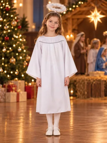 Vista 4 de Disfraz de ángel para niñas, batas de coro con diadema de halo de ángel, disfraz de Navidad, cosplay