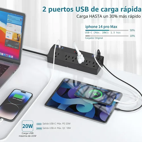 Vista 2 de JXGUCAT - Regleta de alimentación con abrazadera de escritorio con estación de carga rápida de 40 W, enchufe plano de 10 pies, protector contra