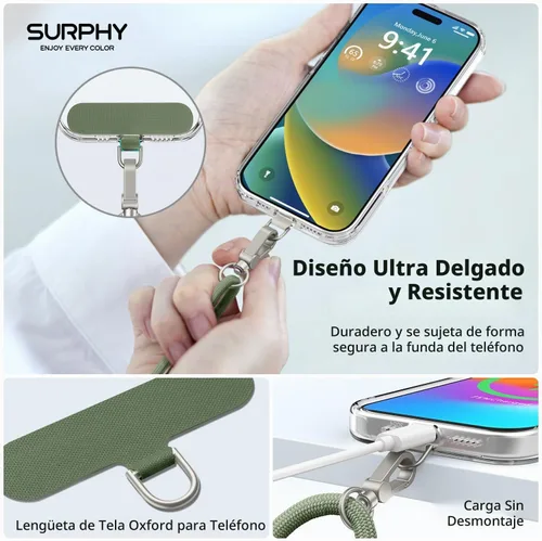 Vista 4 de SURPHY Cordón para teléfono, correa cruzada ajustable para teléfono con 2 pestañas de amarre para teléfono celular, hebillas de metal de alta Verde