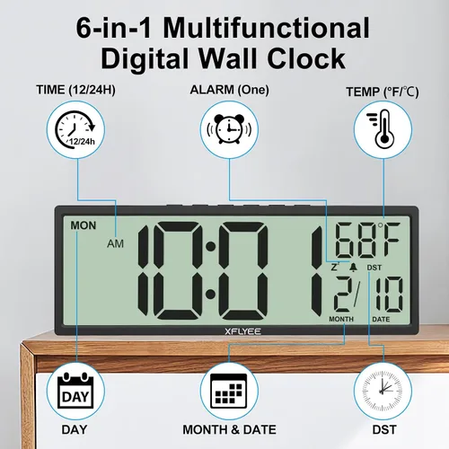 Vista 7 de Reloj de pared digital grande de 14.5 pulgadas, funciona con pilas con números gigantes, DST automático, día, fecha, alarma, temperatura para sala