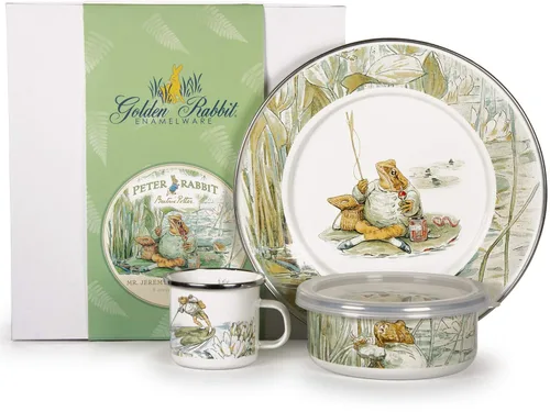 Vista 5 de Golden Rabbit Juego de vajilla infantil esmaltada: plato, taza y cuenco con tapa, conejitos azules
