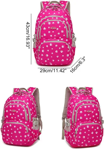 Vista 2 de JiaYou Mochila escolar con estampado de huellas de perro para adolescentes, niñas, estudiantes de escuela primaria, Rosa 3pcs, Mochilas Daypack