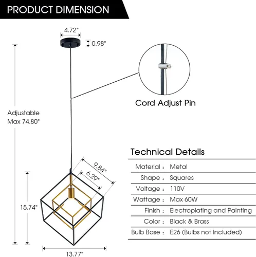 Vista 3 de Lámpara de araña geométrica moderna, lámpara colgante de metal con 1 luz, lámpara de techo colgante de latón negro, iluminación industrial de cubo