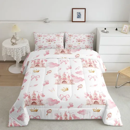 Vista 2 de Feelyou - Juego de funda de edredón para niños, castillo rosa, tamaño individual, lindo juego de edredón con moño, juego de cama para niños y niñas