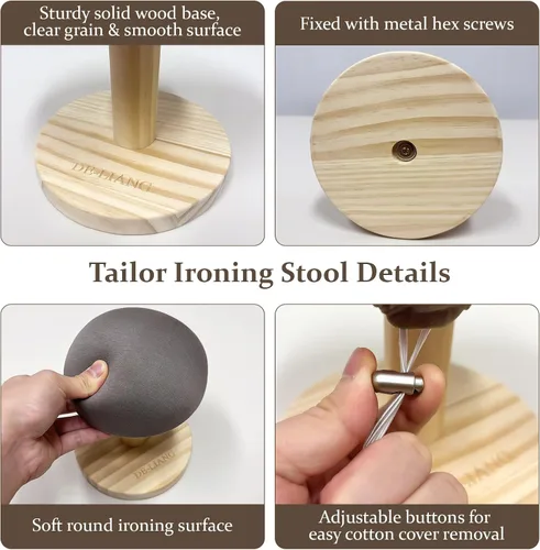 Vista 6 de Bra - Tabla de planchar de madera, mini taburete de almohada de manga acolchada de hierro con base redonda para mesa pequeña, almohadilla