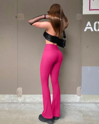 Vista 6 de OQQ Pantalones de yoga para mujer, 2 piezas, acanalados, sin costuras, para entrenamiento, cintura alta, acampanados, leggings acampanados