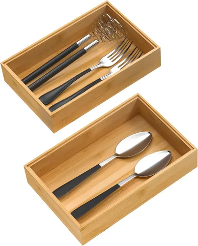 Vista 9 de VeyFey Bandeja de cubiertos para cajón, organizador apilable de bambú para cajones de cocina, 9 x 3 x 2 pulgadas, juego de 2
