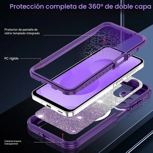 Vista 3 de Hekodonk Funda magnética para Galaxy A17 5G, [compatible con Magsafe] [Protector de pantalla de vidrio templado integrado] [tarjeta con purpurina]