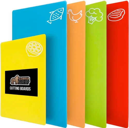 Vista 10 de GORILLA GRIP Juego de 4 tablas de cortar flexibles 100% sin BPA, alfombrillas de plástico duraderas con iconos de alimentos para preparar comidas