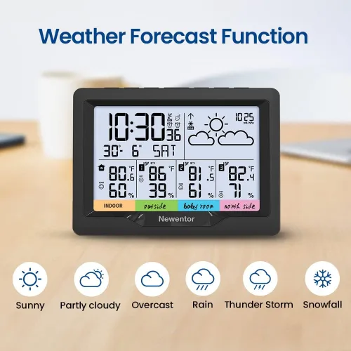 Vista 7 de Newentor Estación meteorológica inalámbrica para interiores y exteriores, múltiples sensores, termómetro digital de reloj atómico, monitor de Negro