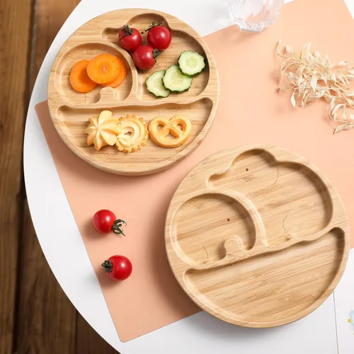Vista 3 de Placas de succión para bebés y niños pequeños, platos de alimentación divididos de bambú con tenedor y cuchara de silicona, platos de comida
