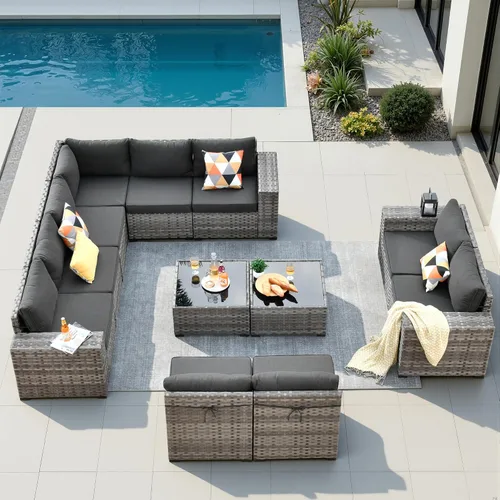 Vista 18 de Juego de muebles de patio de 6 piezas, sofá modular de mimbre para exteriores con mesa auxiliar, cómodos cojines, moderno sofá modular de ratán