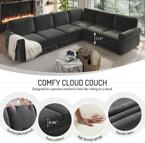 Vista 8 de Sofá cama seccional en forma de L de 6 asientos, sofá extraíble de chenilla gris Gris oscuro