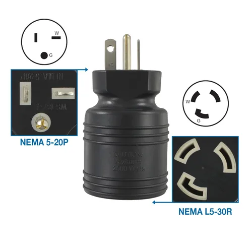 Vista 2 de Conntek Adaptador de enchufe NEMA 5-20P a NEMA L5-30R, enchufe macho de 20 amperios y 125 voltios a conector hembra de bloqueo de 30 amperios y 125