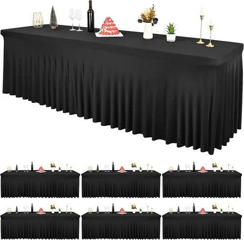Vista 9 de 2 Packs Black Spandex Table Clothes for 6 Foot Rectangle Tables, Wrinkle Resistant Fitted Tables Cover, Washable Stretch Table Skirts for Weddings