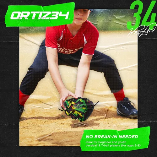Vista 4 de Guante de T-Ball con Graffiti de 9" - Guante de Béisbol Juvenil con Graffiti David Ortiz - Para Diestros, Fácil de Cerrar, No Requiere Verde/Púrpura
