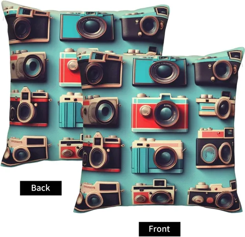 Vista 3 de Retro Cool Camera Collection Print Decorative Linen Pillow Covers, Couch Throw Pillows, Square Cushion Covers, Spring Home Decor
