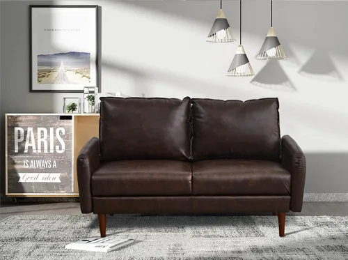 Vista 2 de INSTORY Sofá de dos plazas de cuero moderno Sofá cómodo con patas de madera para sala de estar, oficina - marrón