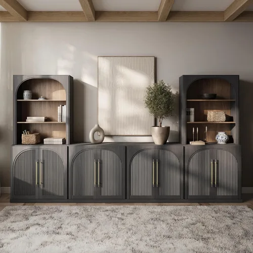 Vista 44 de BELLEZE Centro de entretenimiento modular de 4 piezas con almacenamiento, 2 vitrinas de madera moderna con gabinete arqueado y 2 armarios de puerta