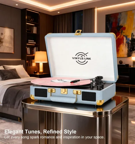 Vista 7 de VINYLSLINK Reproductor de discos de vinilo con Bluetooth, tocadiscos portátil de 3 velocidades con control de agudos y graves, altavoces estéreo