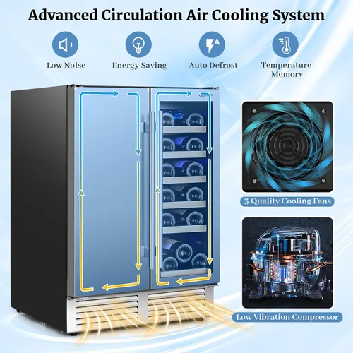 Vista 5 de COSTWAY Refrigerador de vino y bebidas, enfriador de bebidas de doble zona de 24 pulgadas con cerradura, puerta de acero inoxidable, refrigerador