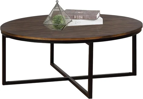 Vista 3 de Arcadia - Mesa de centro redonda de madera de acacia de 42 pulgadas, mesa industrial para sala de estar con acabado moca envejecido y patas