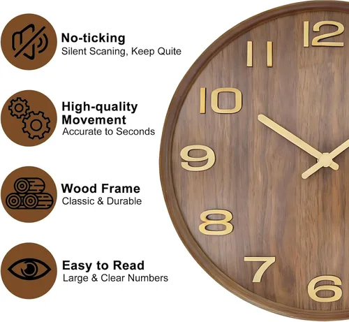 Vista 4 de Maxspace Modern Wall Clock,12 inch Silent Non Ticking Wall Clock,Battery Operated, Analog Wall Clock for Living Room Bedroom Kitchen Office Brown