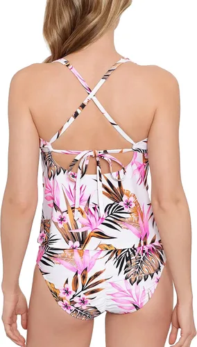 Vista 2 de Top tankini con alambre en V estampado Tropic Time para mujer, talla M, multicolor, Multi