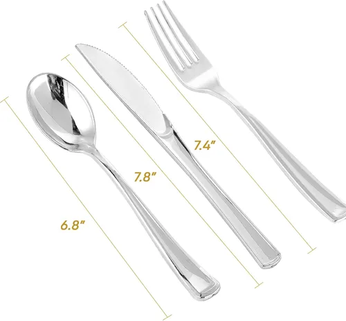 Vista 2 de FOCUSLINE Juego de 300 cubiertos de plástico plateado – 100 tenedores, 100 cuchillos, 100 cucharas – cubiertos desechables de plástico resistente
