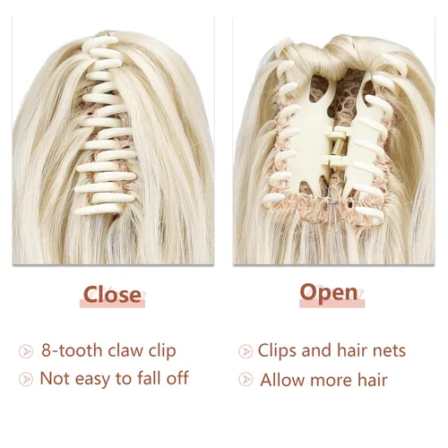Vista 4 de Extensiones de cola de caballo, extensiones de cabello rubio con clip de garra de 18 pulgadas para mujer, pieza de cabello lacio, sintético