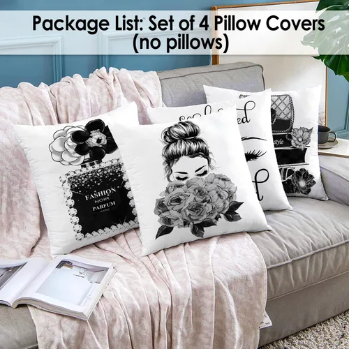 Vista 2 de Juego de 4 fundas de almohada decorativas para sofá cama de 18 x 18 pulgadas, fundas de almohada blancas y negras, fundas de almohada a la moda