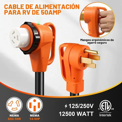 Vista 2 de Cable de extensión para RV de 50 amperios de 30 pies, cable de alimentación para RV resistente 6/3+8/1 SJTW AWG con mango de agarre y bloqueo