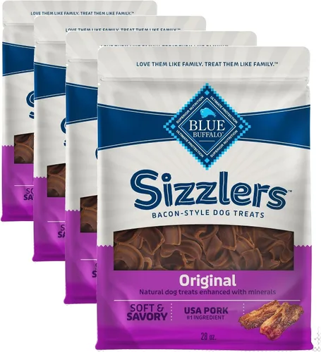 Vista 10 de Blue Buffalo Sizzlers Golosinas para perros estilo tocino con cerdo real de Estados Unidos, sabor cheddar, bolsa de 15 onzas