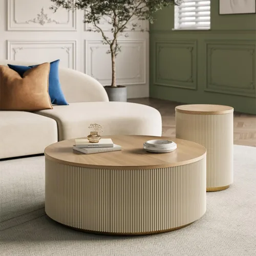 Vista 3 de SYALEO Mesa de Centro - Mesa de centro redonda moderna con almacenamiento y cajones, mesa de cóctel minimalista creativa de madera maciza, mesa