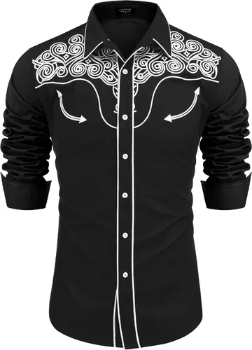 Vista 9 de COOFANDY Camisa occidental para hombre de manga larga con bordados, camisa de vaquero casual con botones café (01-Coffee(Pattern1))