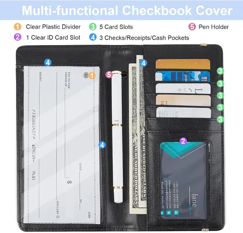 Vista 2 de Funda para chequera personal, cartera RFID con soporte para bolígrafo y divisor de plástico transparente integrado para cheques duplicados, Negro