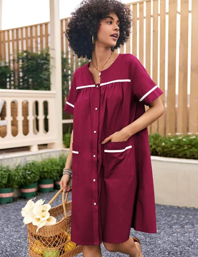 Vista 3 de Ekouaer Ropa de dormir para mujer, camisón frontal a presión, bata de algodón, manga corta, vestido de casa