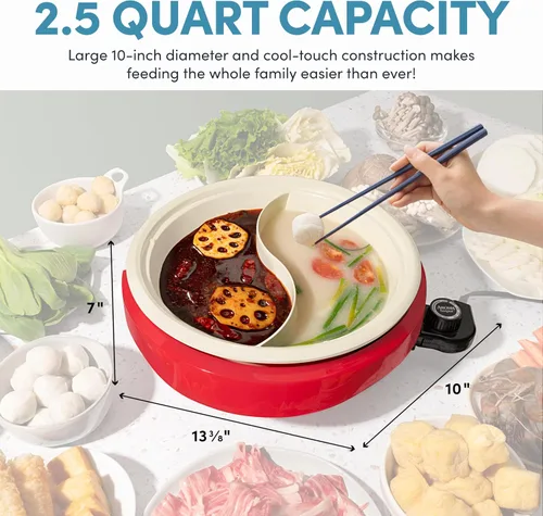 Vista 5 de AROMA® Olla eléctrica dividida Shabu Shabu con olla recubierta de cerámica sin PFAS (2.5 cuartos de galón)
