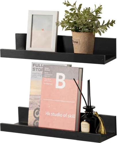 Vista 27 de Muzilife Estantes Flotantes de Pared Pequeños de 12" con Borde - Juego de 2 Estantes Flotantes de Madera - Repisa Negra Montada en Pared