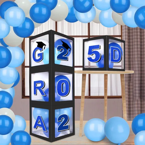 Vista 6 de Decoraciones azules para fiestas de graduación 2026, cajas de globos de graduados – 4 cajas de globos negros con 4 cuerdas de luz y letras 2026 Grad