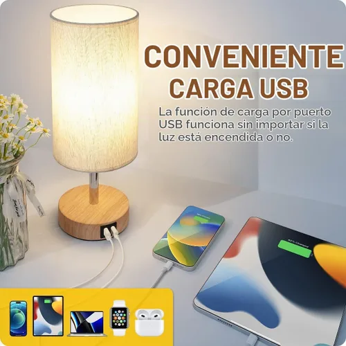 Vista 3 de Yarra-Decor Lámparas de noche con puerto USB, lámpara de mesa con control táctil para dormitorio, de madera, de 3 vías, regulable, juego de 2