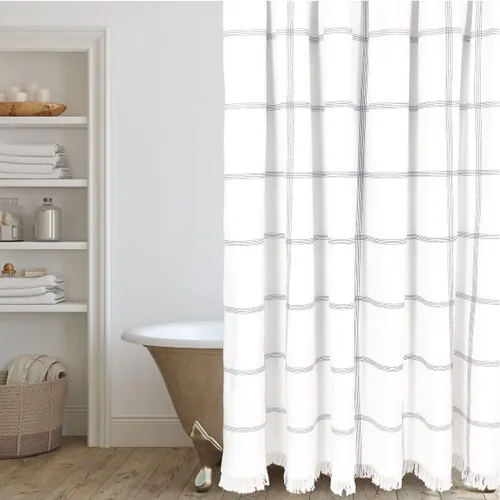 Vista 6 de HALL & PERRY Cortina de ducha moderna con borlas de estilo rústico, cortina de ducha de tela a rayas con borlas 100% algodón para decoración de baño