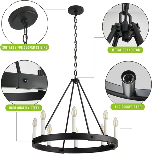 Vista 6 de Candelabro de 8 luces con rueda de carro, de 24 pulgadas, color negro, redondo, para comedor, moderna e industrial, isla de cocina, lámparas