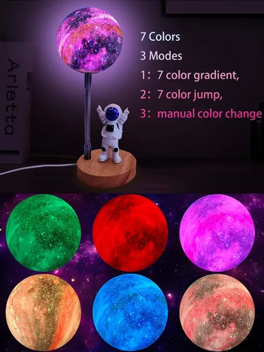 Vista 2 de WLHONG Lámpara de luna para niños, luces Space Buddy con luz nocturna de astronauta de 7 colores, alimentada por USB y control de botón, lámpara
