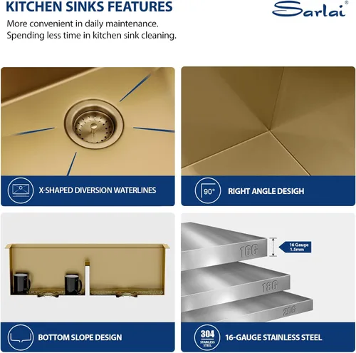 Vista 4 de Sarlai Fregadero de Cocina Dorado Bajo Encimera de 33 Pulgadas Doble Tazón 33 x 19 Pulgadas Bajo Dividido Dorado Estación de Trabajo Fregadero Doble