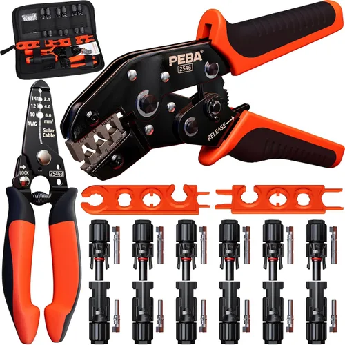 Vista 12 de PEBA Kit de herramientas de prensado, crimpadora solar para cable de panel solar AWG 16-10, con 6 pares de conectores solares IP68 y 1 par de llave