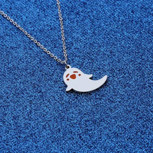 Vista 4 de WUSUANED Lindo collar de fantasma Hu Tao con forma de fantasma, joyería de Halloween, cosplay, regalos para los amantes del anime del juego, Acero